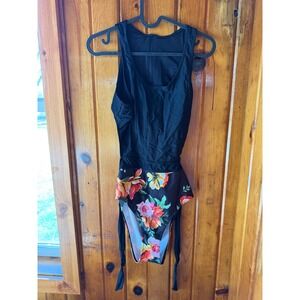 Black Floral Print One Piece Swimsuit Women Tie Waist Back Zipper size Medium
